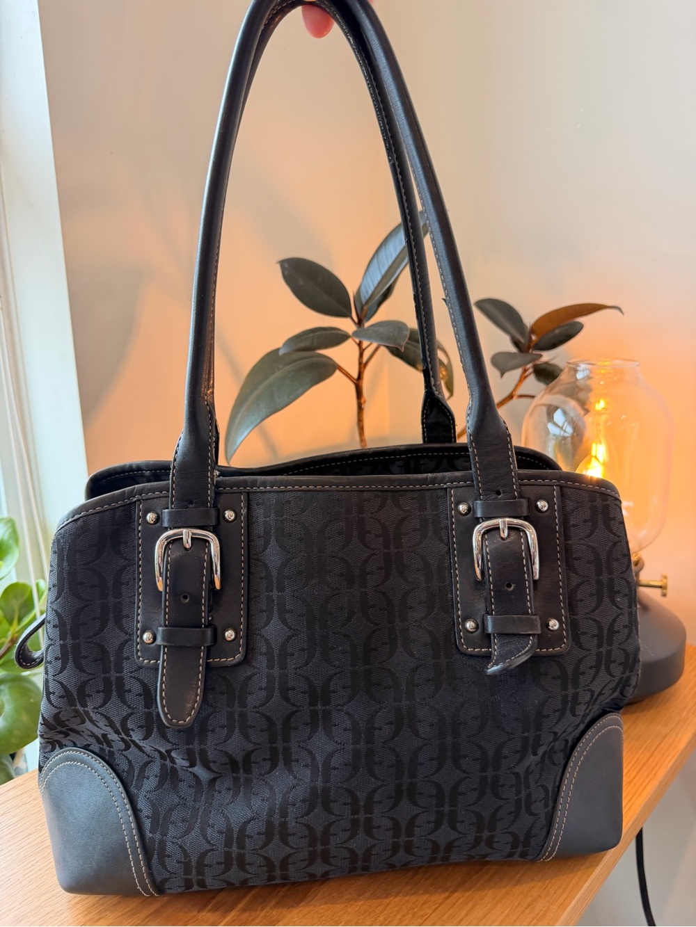 Y2K Fossil Black Jacquard Shoulder Tote with Buckle Straps
